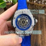 Copy Hublot Big Bang Sang Bleu Silver Diamond Bezel Blue Leather Strap Limited Mens Watch